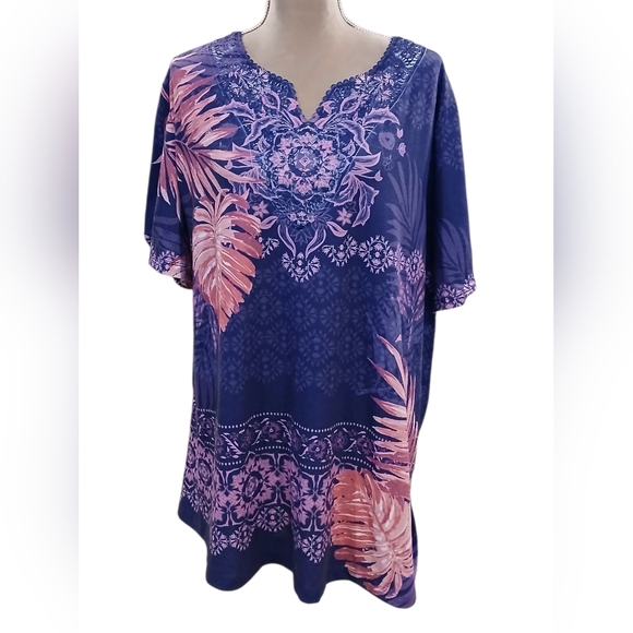 Catherines Purple Pink Rhinestone Womans Plus 3x Floral Artsy Colorful Tshirt - Picture 1 of 9